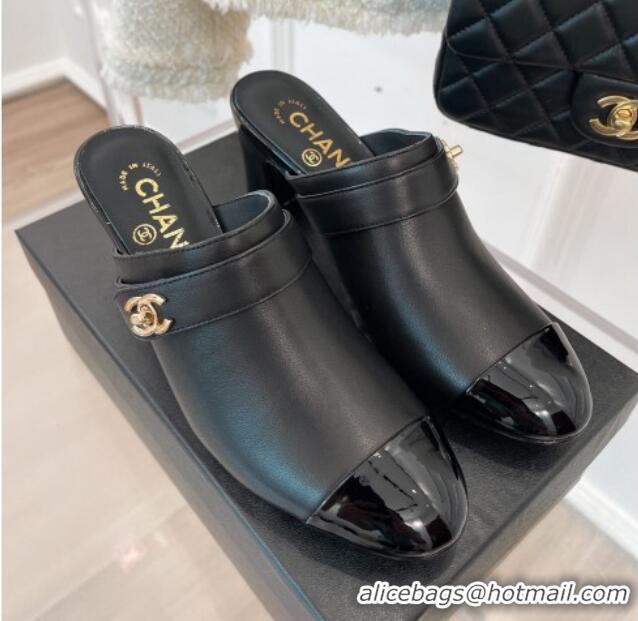 Perfect Chanel Lambskin Heel Mules Black 090736