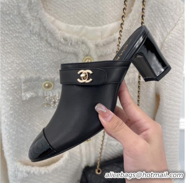 Perfect Chanel Lambskin Heel Mules Black 090736