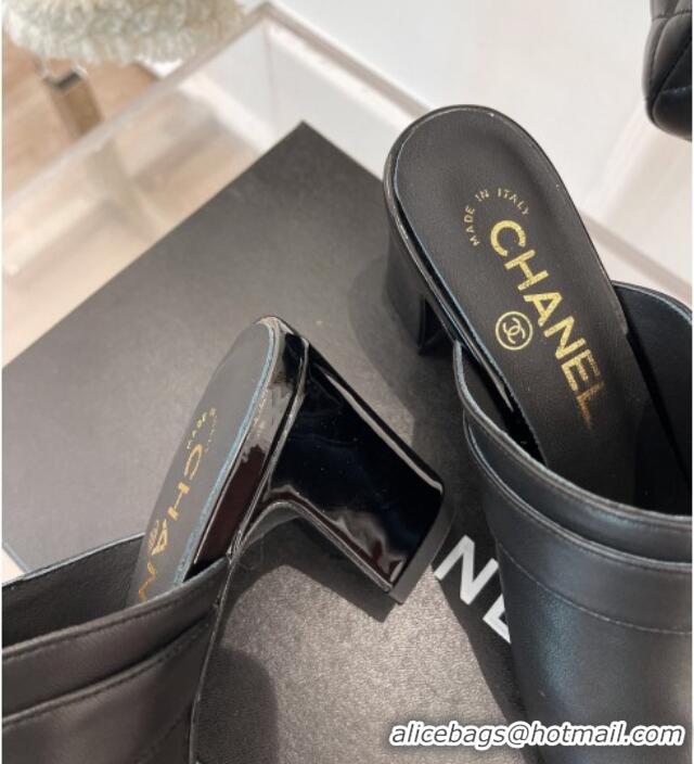 Perfect Chanel Lambskin Heel Mules Black 090736