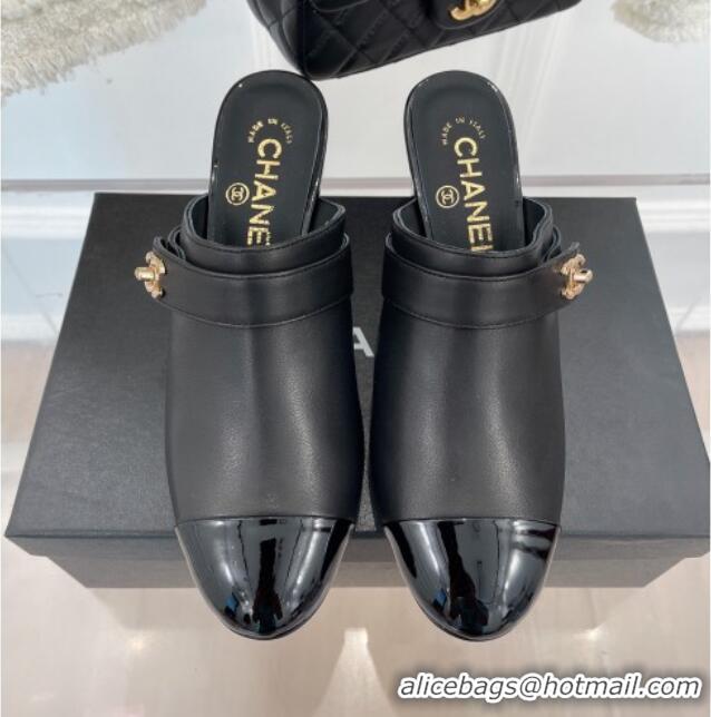 Perfect Chanel Lambskin Heel Mules Black 090736