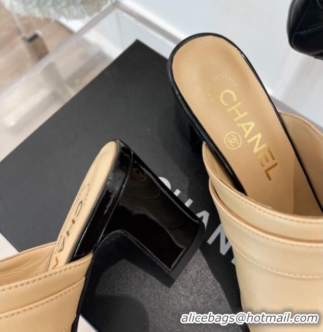 Good Quality Chanel Lambskin Heel Mules Beige 090737