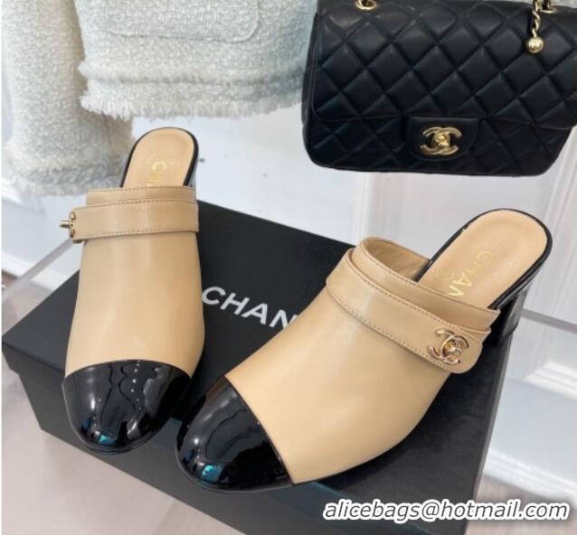 Good Quality Chanel Lambskin Heel Mules Beige 090737