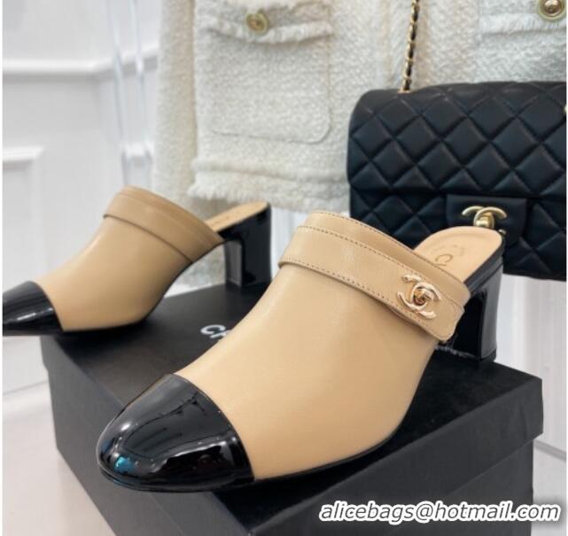 Good Quality Chanel Lambskin Heel Mules Beige 090737