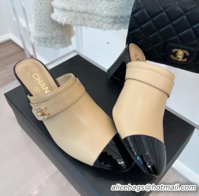 Good Quality Chanel Lambskin Heel Mules Beige 090737