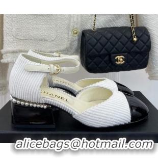 Duplicate Chanel Corduroy Mary Janes Pumps 5cm with Pearl Charm White 090739