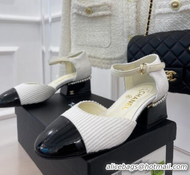 Duplicate Chanel Corduroy Mary Janes Pumps 5cm with Pearl Charm White 090739