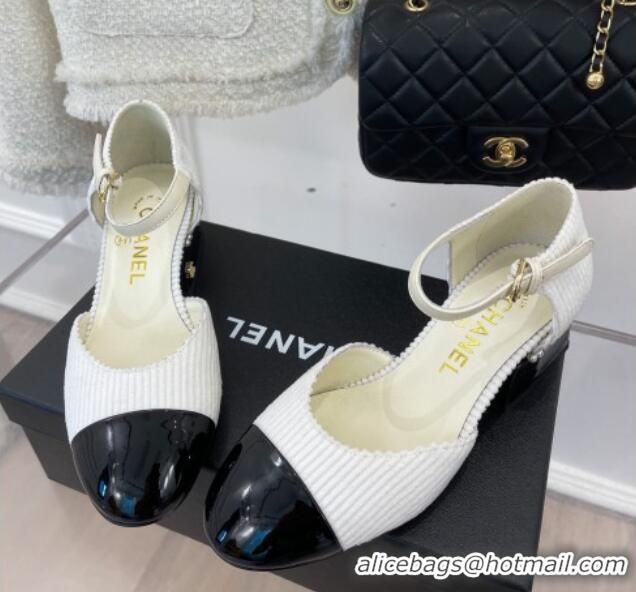 Duplicate Chanel Corduroy Mary Janes Pumps 5cm with Pearl Charm White 090739