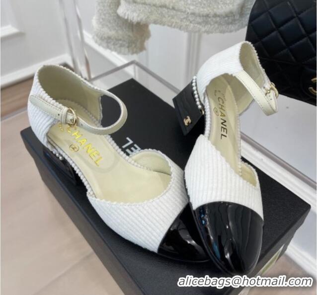 Duplicate Chanel Corduroy Mary Janes Pumps 5cm with Pearl Charm White 090739