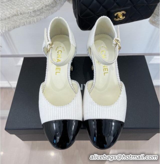 Duplicate Chanel Corduroy Mary Janes Pumps 5cm with Pearl Charm White 090739