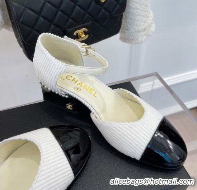 Duplicate Chanel Corduroy Mary Janes Pumps 5cm with Pearl Charm White 090739