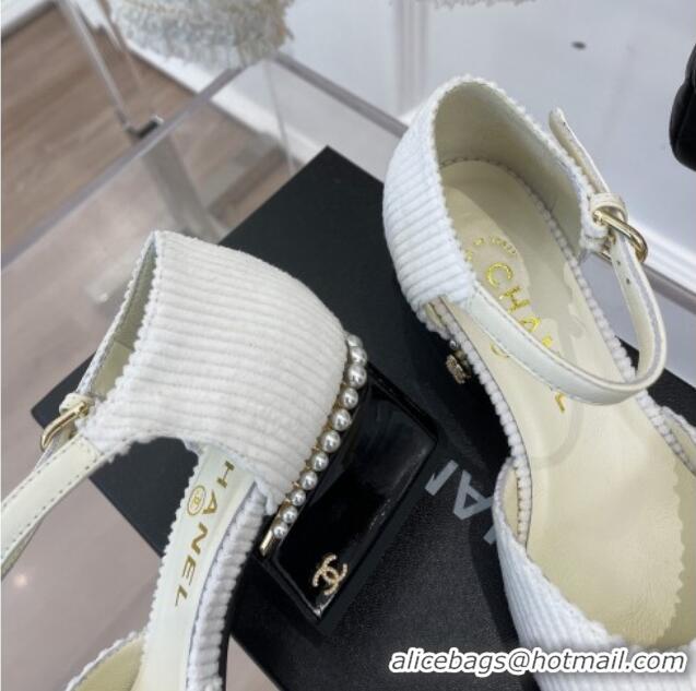 Duplicate Chanel Corduroy Mary Janes Pumps 5cm with Pearl Charm White 090739