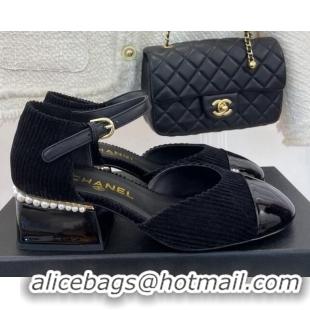 Super Quality Chanel Corduroy Mary Janes Pumps 5cm with Pearl Charm Black 090740