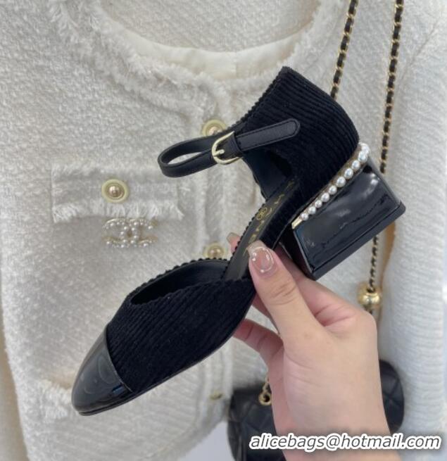 Super Quality Chanel Corduroy Mary Janes Pumps 5cm with Pearl Charm Black 090740