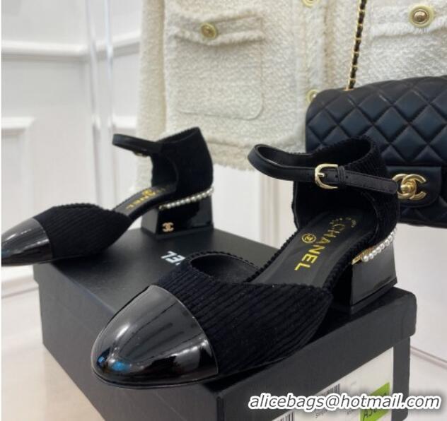 Super Quality Chanel Corduroy Mary Janes Pumps 5cm with Pearl Charm Black 090740