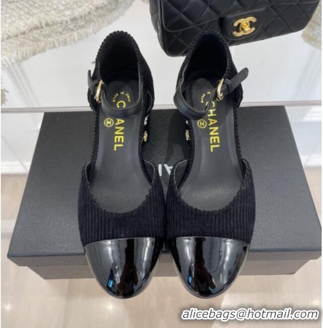 Super Quality Chanel Corduroy Mary Janes Pumps 5cm with Pearl Charm Black 090740