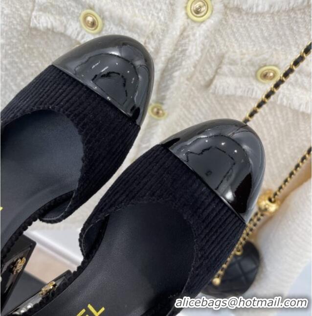 Super Quality Chanel Corduroy Mary Janes Pumps 5cm with Pearl Charm Black 090740