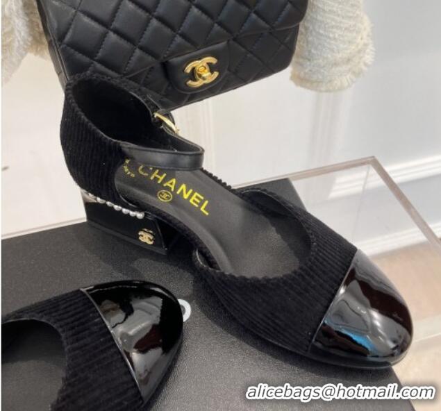 Super Quality Chanel Corduroy Mary Janes Pumps 5cm with Pearl Charm Black 090740