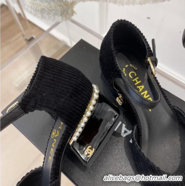 Super Quality Chanel Corduroy Mary Janes Pumps 5cm with Pearl Charm Black 090740