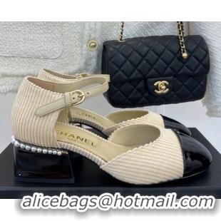 Best Price Chanel Corduroy Mary Janes Pumps 5cm with Pearl Charm Beige 090741