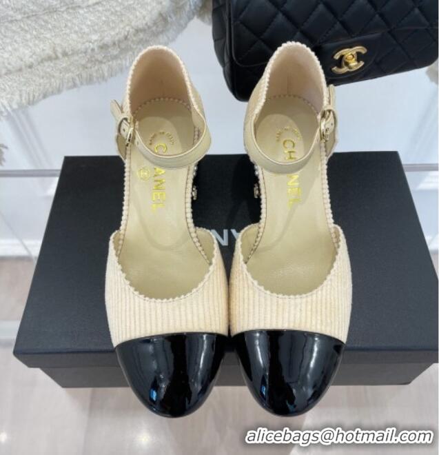 Best Price Chanel Corduroy Mary Janes Pumps 5cm with Pearl Charm Beige 090741