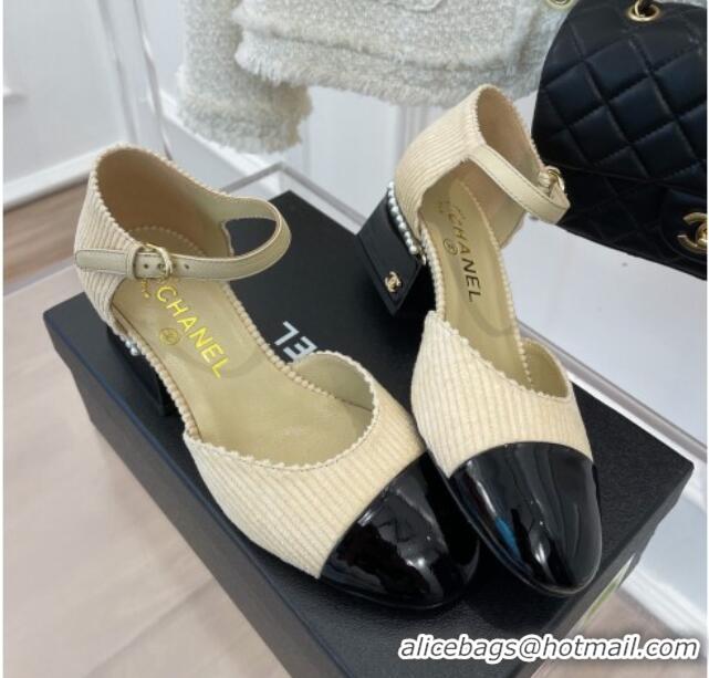 Best Price Chanel Corduroy Mary Janes Pumps 5cm with Pearl Charm Beige 090741