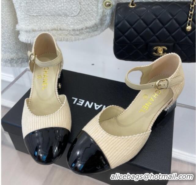 Best Price Chanel Corduroy Mary Janes Pumps 5cm with Pearl Charm Beige 090741