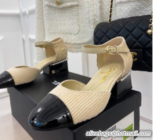 Best Price Chanel Corduroy Mary Janes Pumps 5cm with Pearl Charm Beige 090741