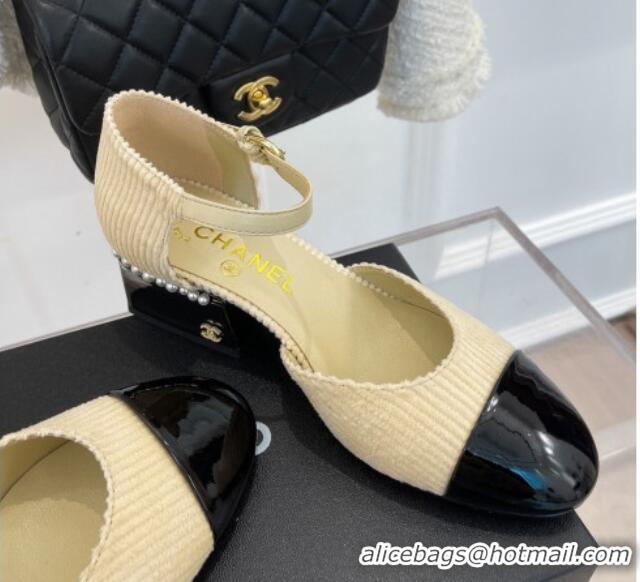 Best Price Chanel Corduroy Mary Janes Pumps 5cm with Pearl Charm Beige 090741