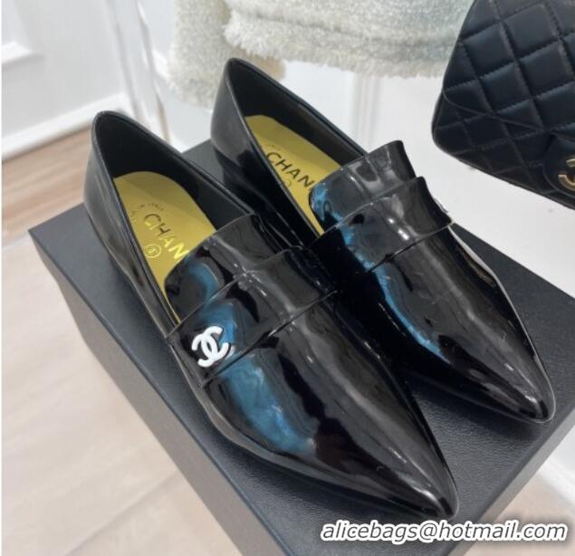 Top Quality Chanel Patent Leather Pointed Loafers 2.5cm Black 090802