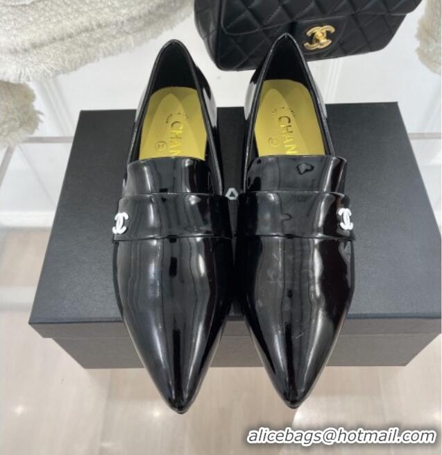 Top Quality Chanel Patent Leather Pointed Loafers 2.5cm Black 090802