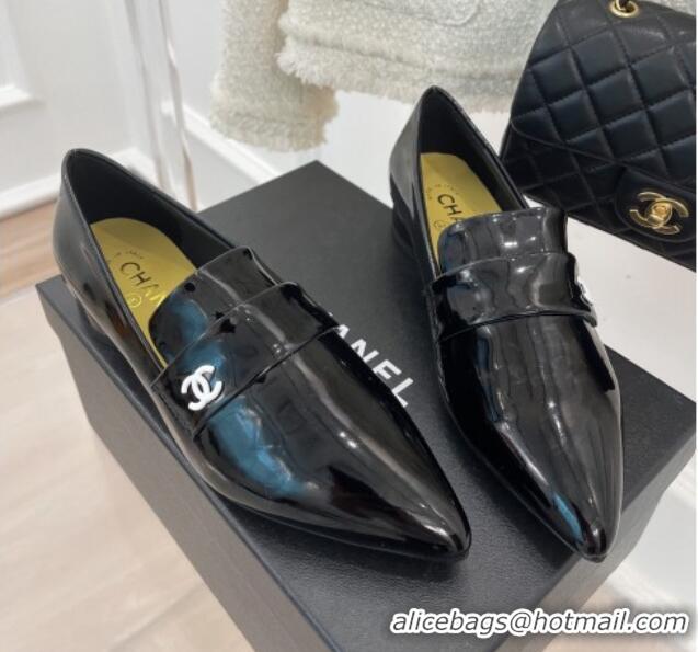 Top Quality Chanel Patent Leather Pointed Loafers 2.5cm Black 090802