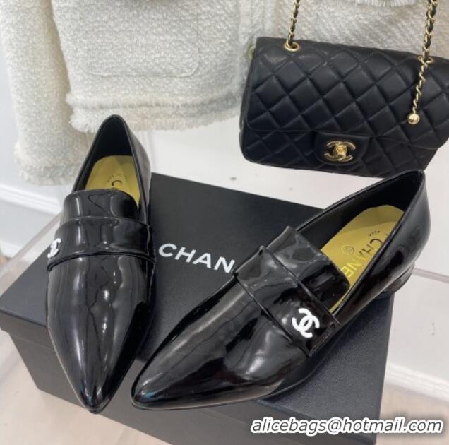 Top Quality Chanel Patent Leather Pointed Loafers 2.5cm Black 090802