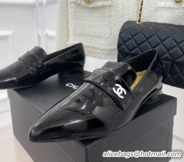 Top Quality Chanel Patent Leather Pointed Loafers 2.5cm Black 090802