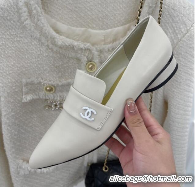 Super Quality Chanel Calfskin Pointed Loafers 2.5cm White 090803