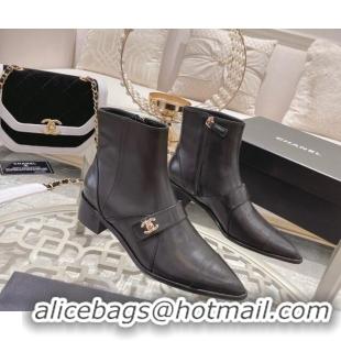 Duplicate Chanel Calfskin Pointed Ankle Boots with Buckle 4cm Black 090805