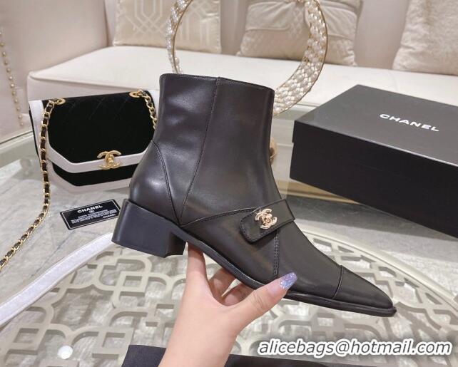 Duplicate Chanel Calfskin Pointed Ankle Boots with Buckle 4cm Black 090805