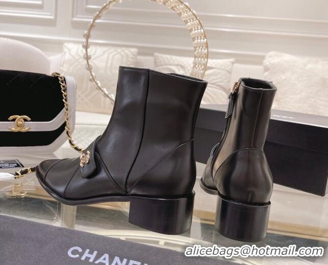 Duplicate Chanel Calfskin Pointed Ankle Boots with Buckle 4cm Black 090805