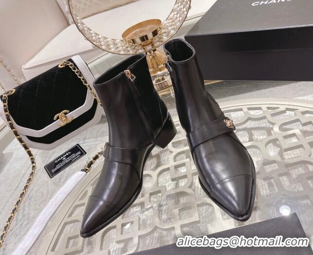 Duplicate Chanel Calfskin Pointed Ankle Boots with Buckle 4cm Black 090805