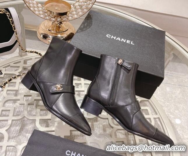 Duplicate Chanel Calfskin Pointed Ankle Boots with Buckle 4cm Black 090805