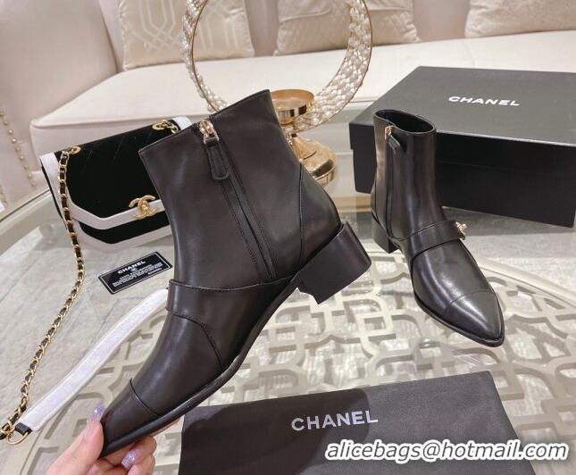 Duplicate Chanel Calfskin Pointed Ankle Boots with Buckle 4cm Black 090805