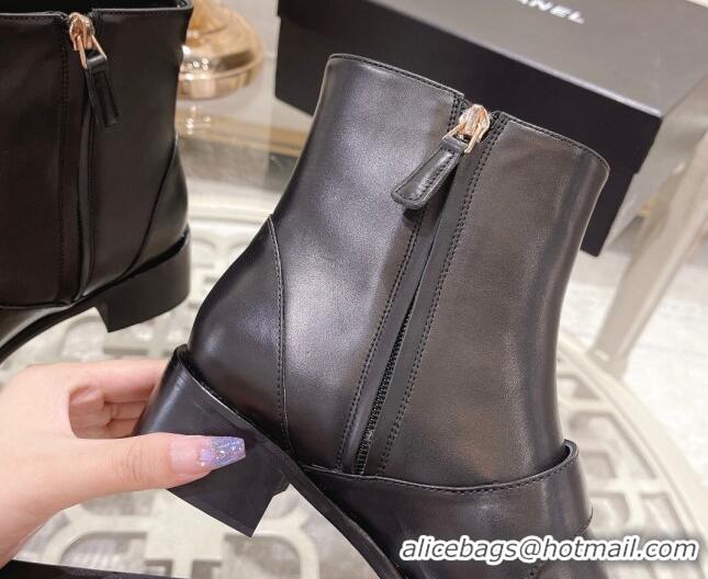 Duplicate Chanel Calfskin Pointed Ankle Boots with Buckle 4cm Black 090805