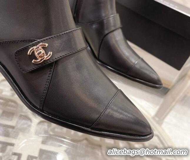 Duplicate Chanel Calfskin Pointed Ankle Boots with Buckle 4cm Black 090805