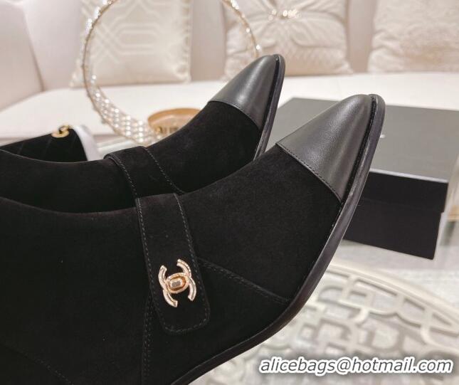 Custom Chanel Suede Pointed Ankle Boots 4cm with Buckle Black 090806