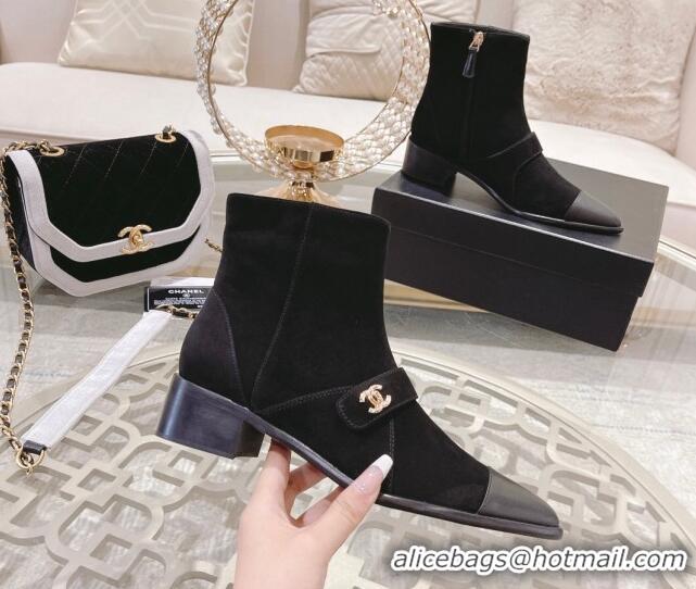 Custom Chanel Suede Pointed Ankle Boots 4cm with Buckle Black 090806