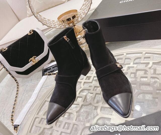 Custom Chanel Suede Pointed Ankle Boots 4cm with Buckle Black 090806