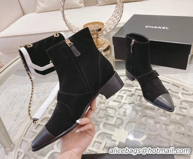 Custom Chanel Suede Pointed Ankle Boots 4cm with Buckle Black 090806