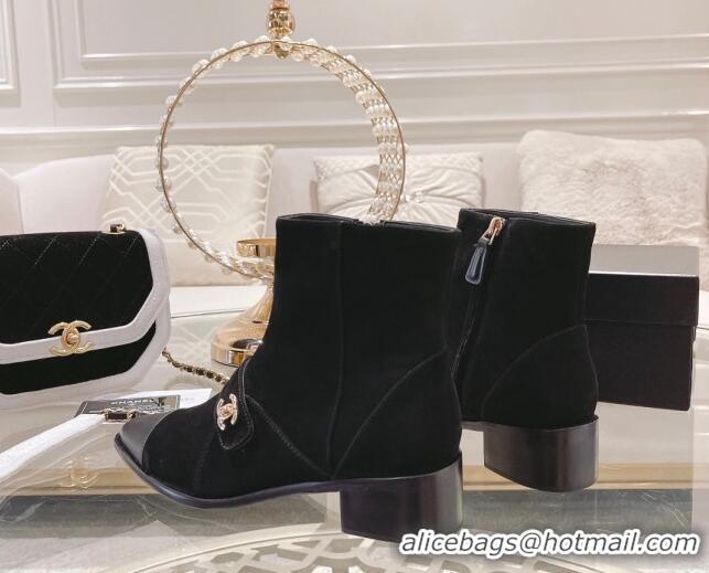 Custom Chanel Suede Pointed Ankle Boots 4cm with Buckle Black 090806