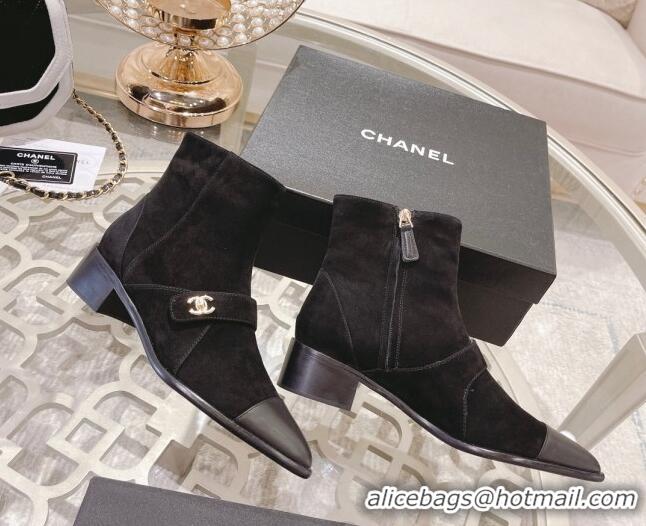 Custom Chanel Suede Pointed Ankle Boots 4cm with Buckle Black 090806