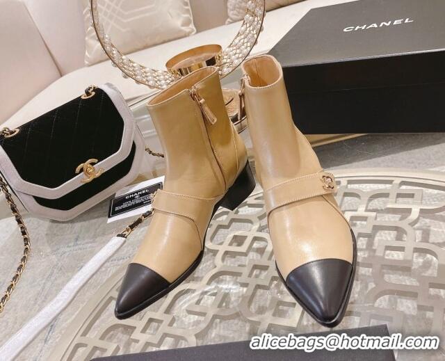 Sophisticated Chanel Calfskin Pointed Ankle Boots 4cm Beige 090807