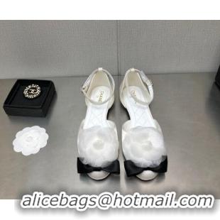 Discount Chanel Silk Mary Janes Flats with Camellia White 090823